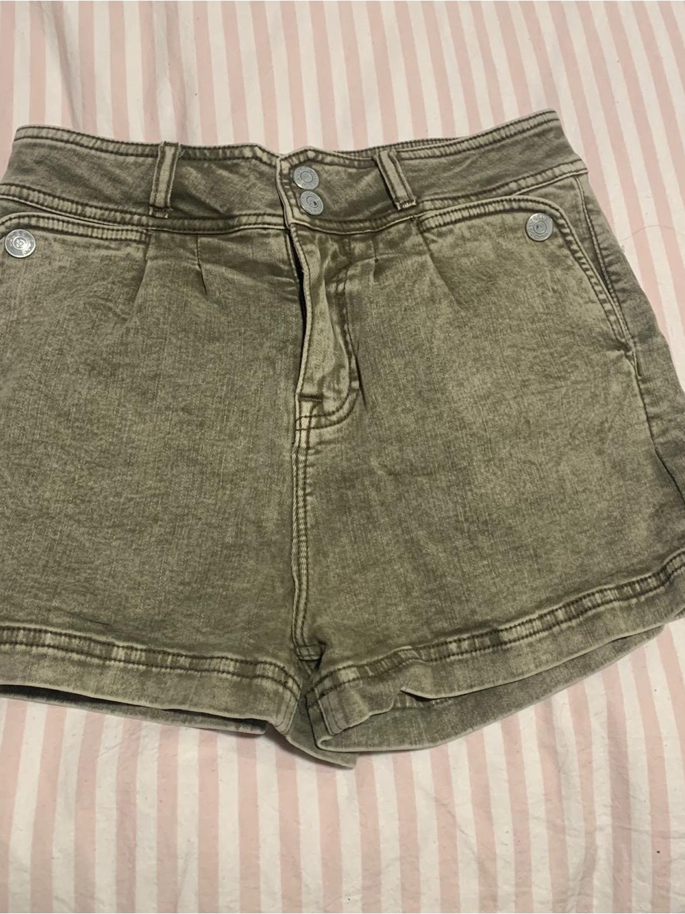 Vigoss Washed Olive High-Rise Denim Shorts